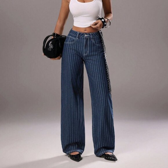 MODA ME COUTURE Denim - Medium Wash Casual Women's Striped Low-Waist Straight Leg Jeans